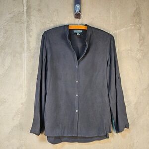 Lauren Ralph Lauren Petite Silk Blouse Black Button Up Mandarin Collar Roll Tab‎